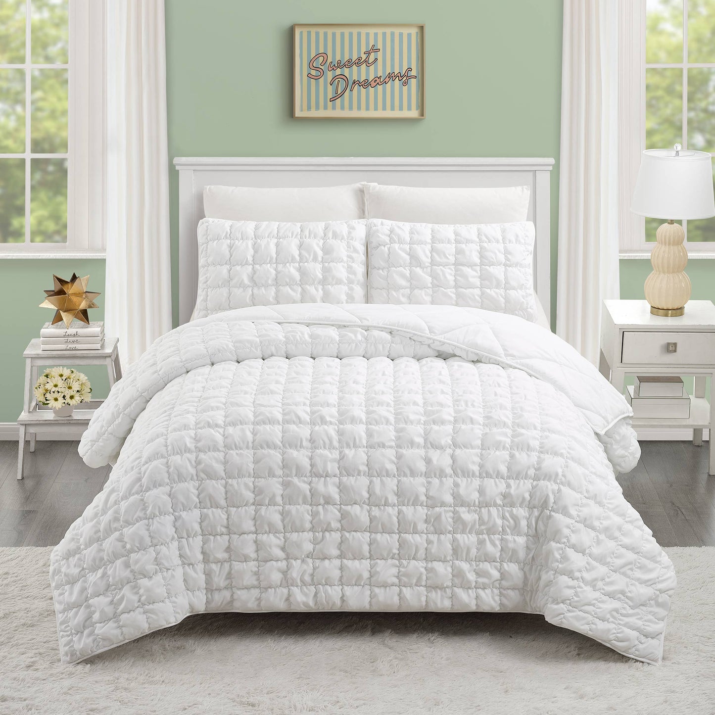 Dreamy cloud colored quilt with puffed polyester fill and channel stitching