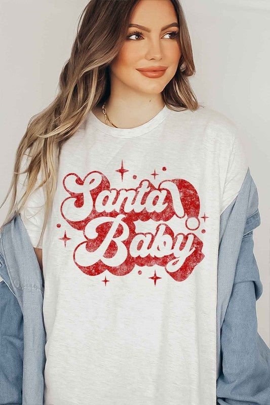 Ash Heather Gray T-Shirt with vintage sparkle Santa Baby graphic in red