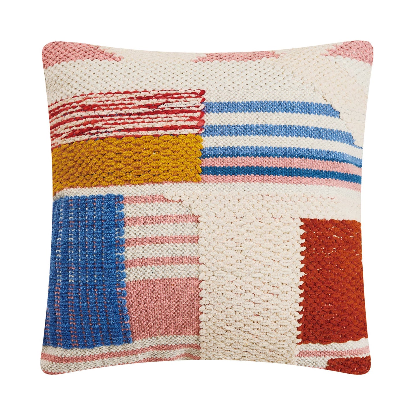 Chenille, cotton pillow with contrasting stripes and shapes design highlighted in tones of red, blue, pink and yellow