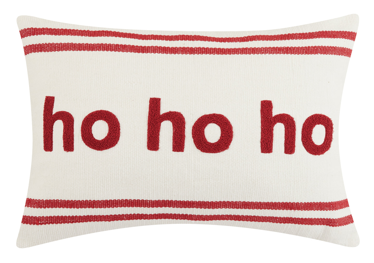 White bouclé
pillow with red horizontal stripes that reads “ho ho ho” in red letters in the center