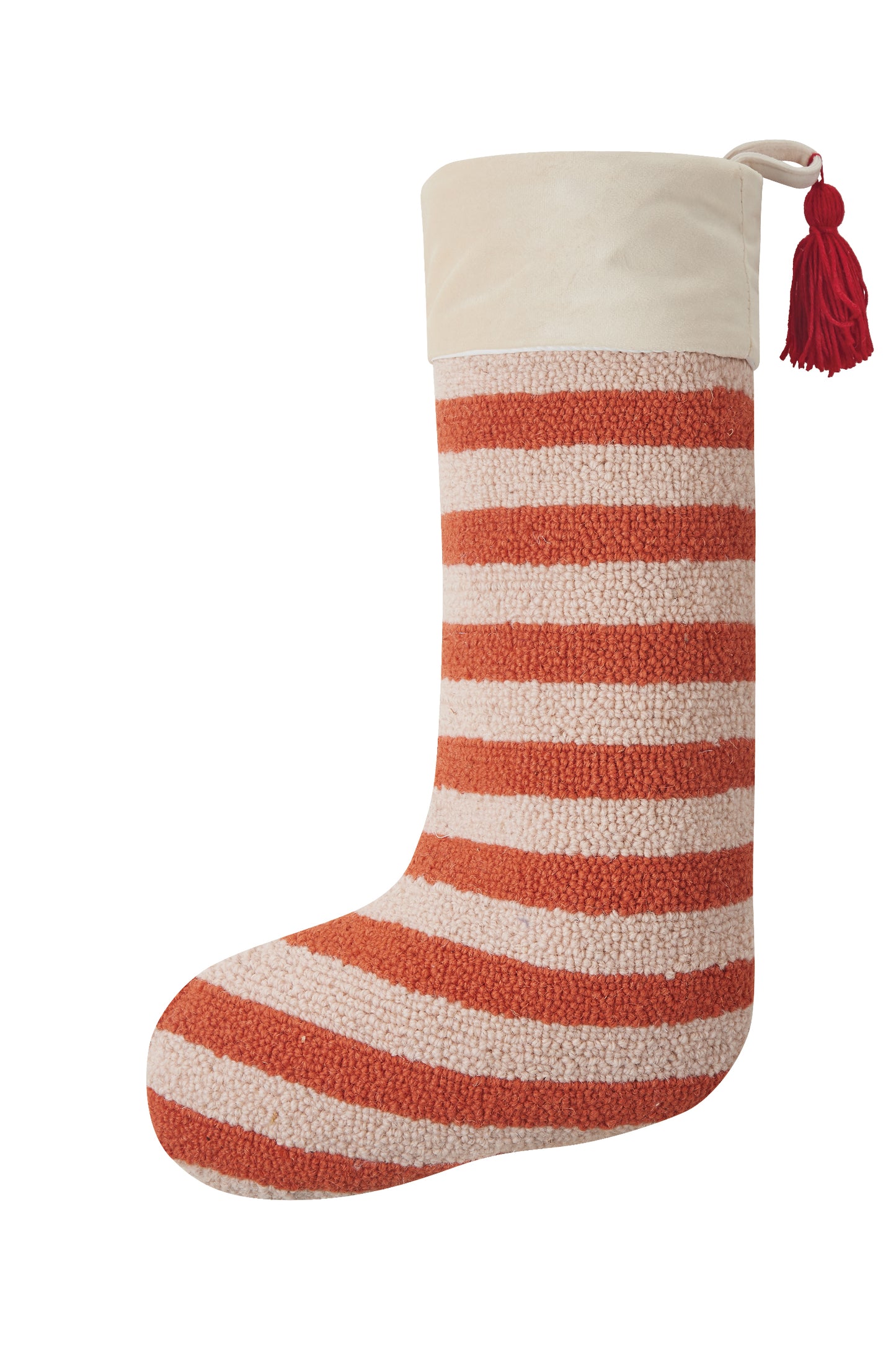 Festive pink and orange striped Christmas stocking with red stocking