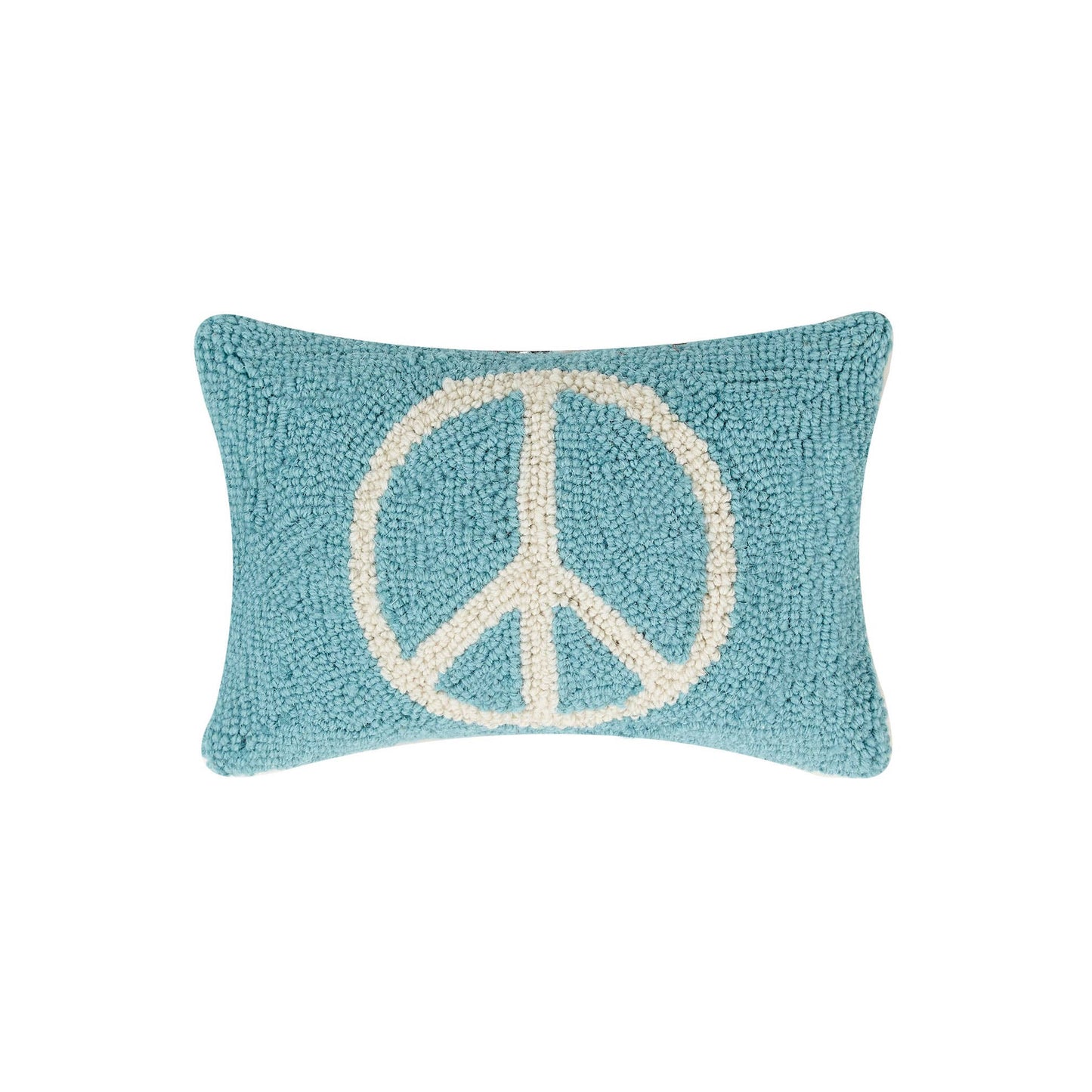 Cool blue wool hooked lumbar shaped pillow with peace design displayed in white across the center