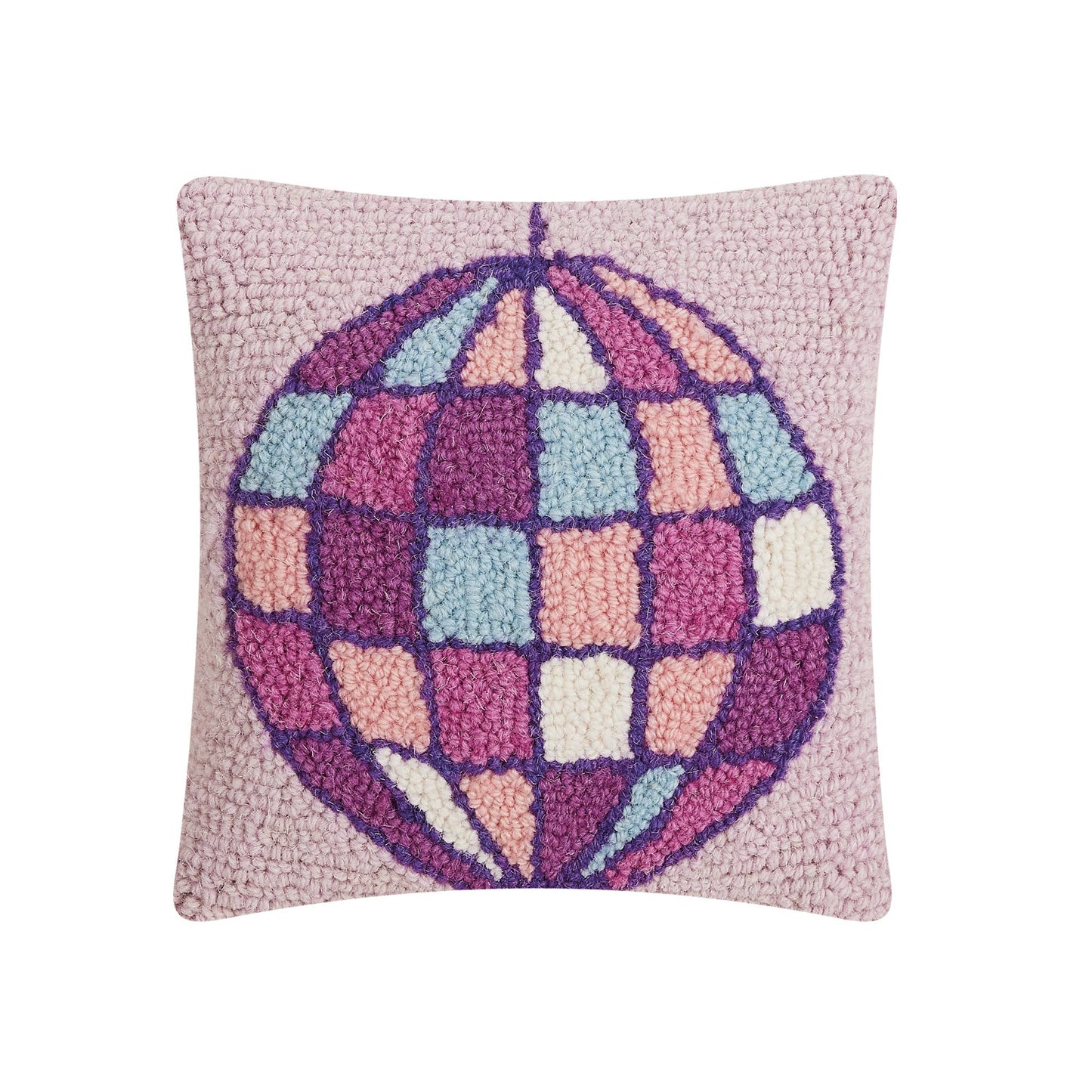 Lavender wool hooked throw pillow featuring funky pastel colored disco ball design