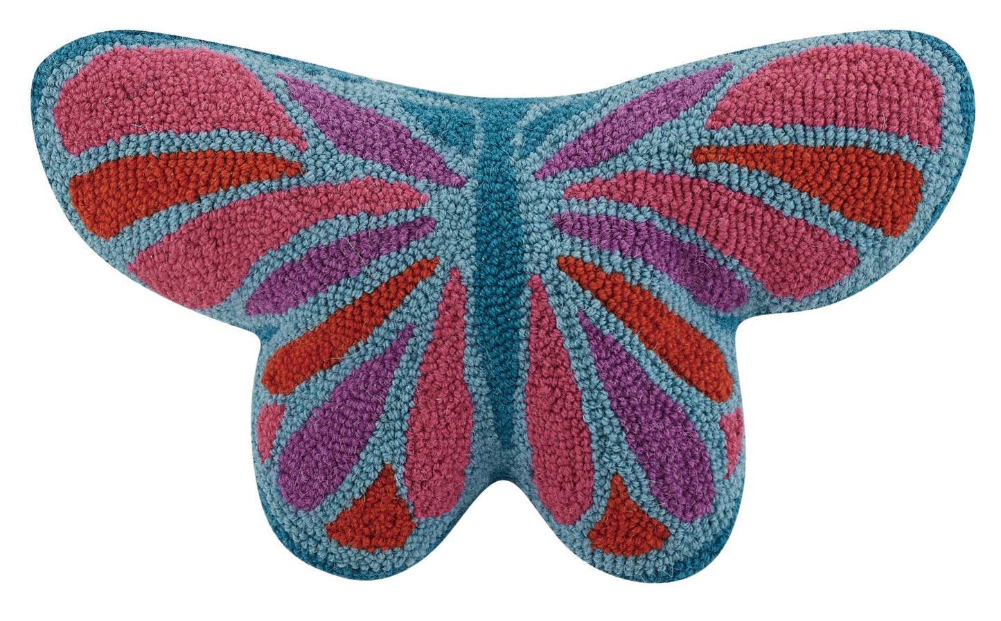 Multi-colored wool hooked butterfly shaped pillow with blue base and bright pink and red accents