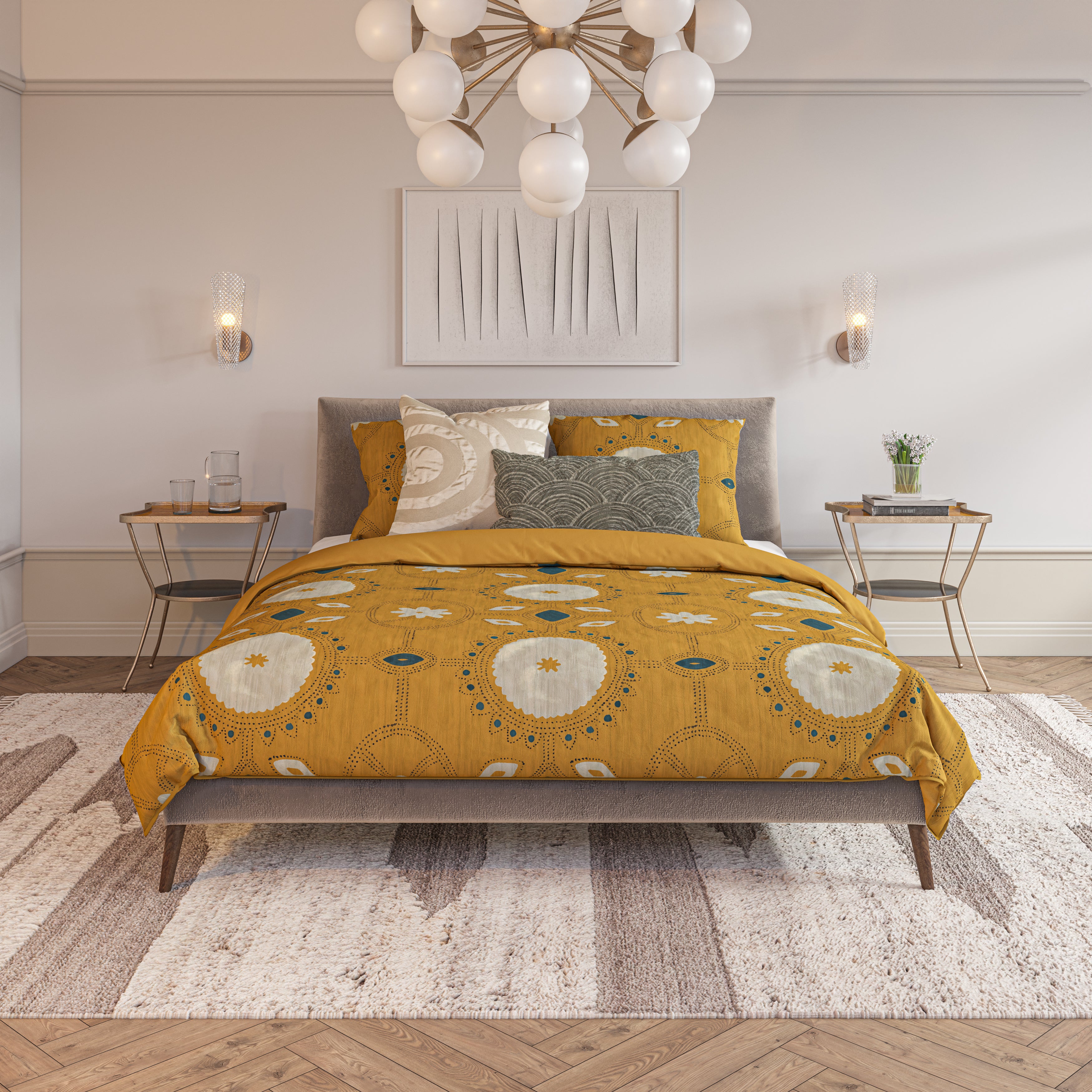 Mid-Century Modern style bedroom featuring Lemieux Et Cie Duvet Cover Set with mustard and white pattern.