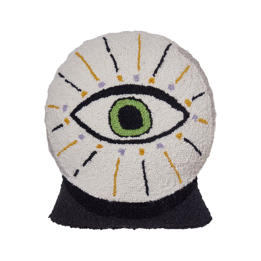 Decorative Accent crystal ball shaped pillow with an eye design centered around gold and black sparkle designs