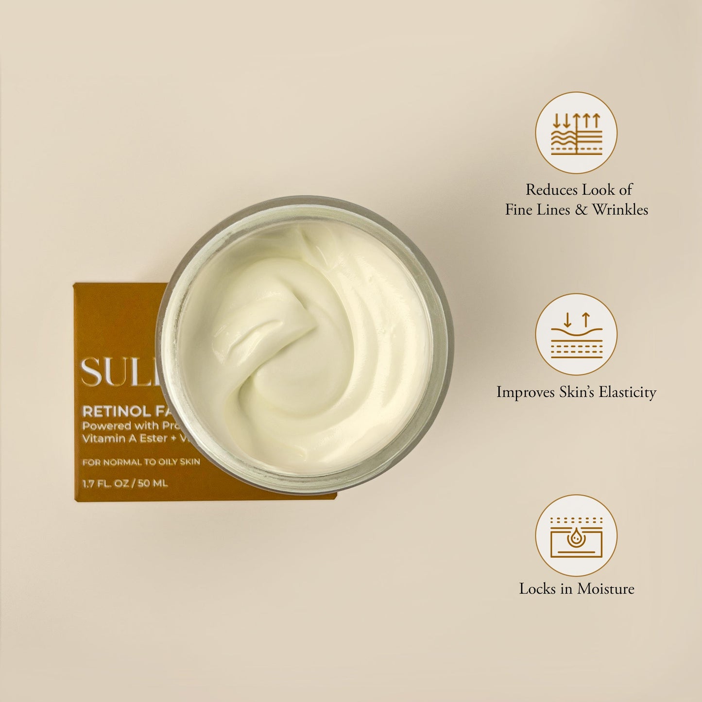 Smooth, non-greasy retinol cream packed in a jar along vitamins and Omega Fatty Acids for youthful skin.