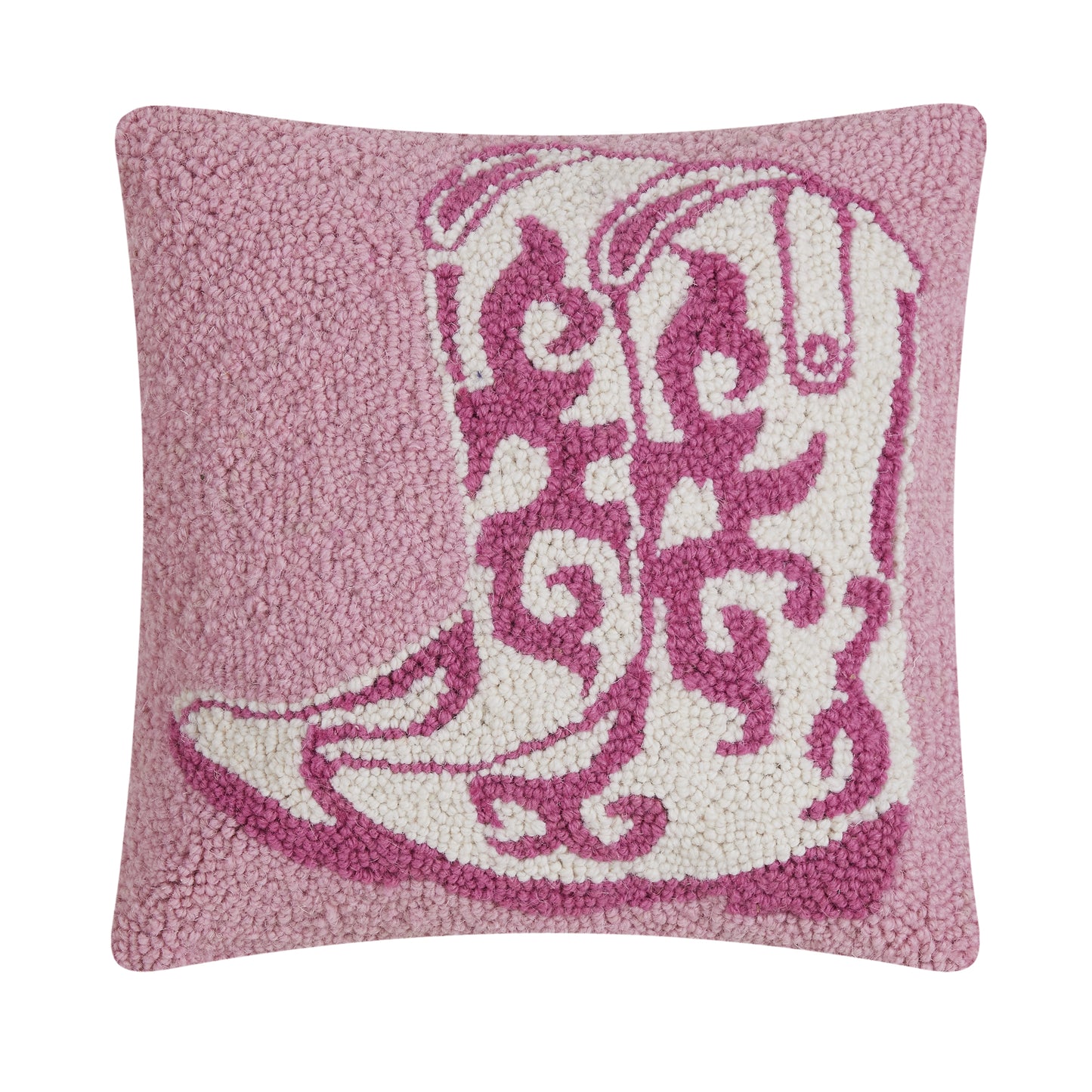 Pink wool hooked pillow with dazzling pink and white western boots featuring life-like piping detail.