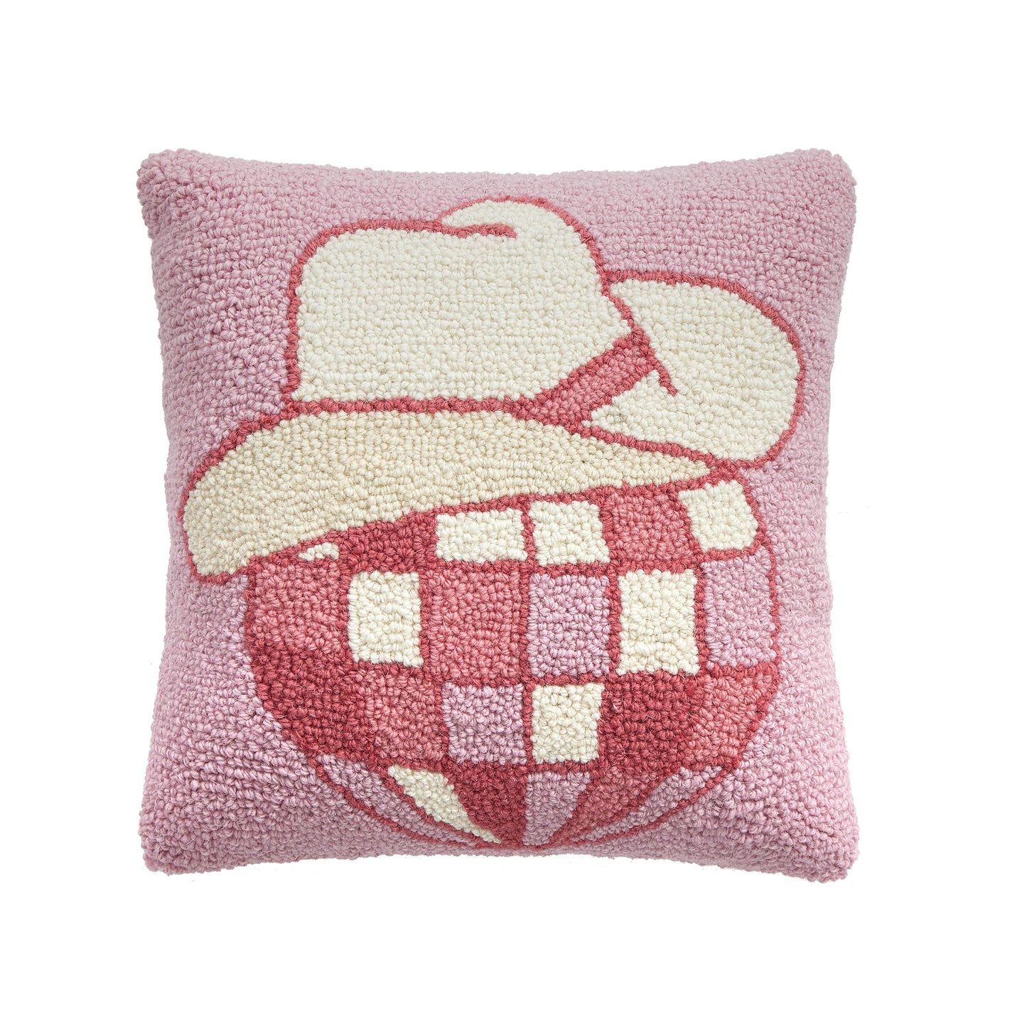Groovy pink wool hooked pillow with white cowboy hat on top of famous disco ball