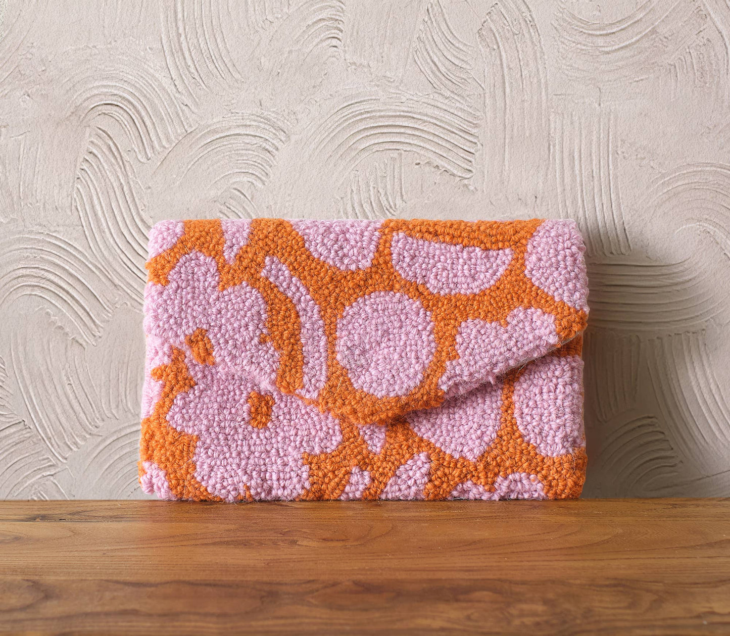 Soft pink and orange clutch with abstract, deco print on wool fabric with magnetic closure