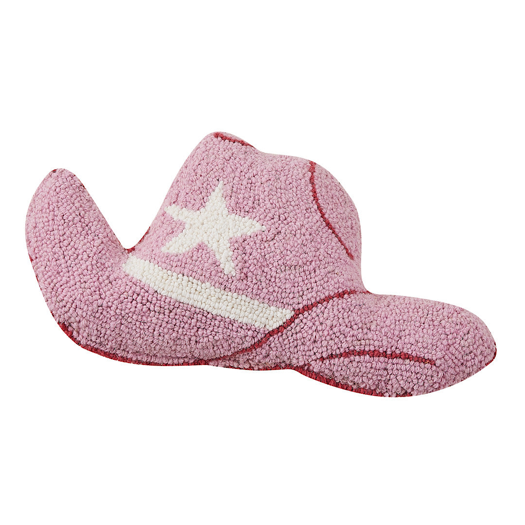 Rodeo themed pillow with Cowboy Hat shape with pink wool fabric and white center star