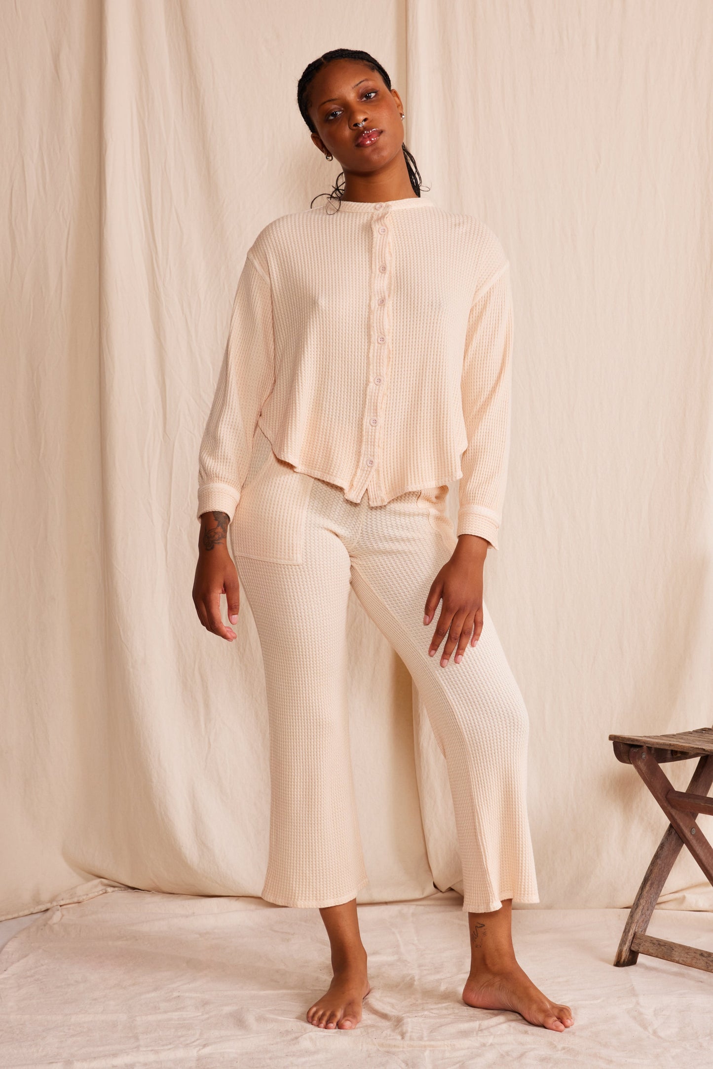 Vintage cotton long sleeve waffle weave top with seven buttons in the softest pink color, paired with matching 3/4 pants