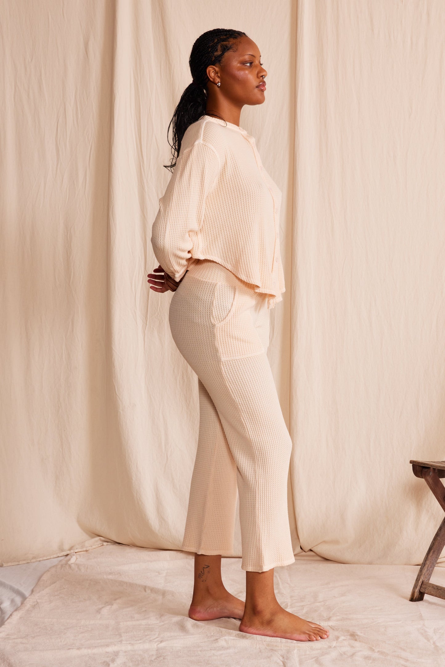Comfy 3/4 relaxed fit pants in the softest pink color featuring a unique waffle weave.