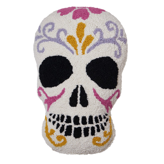 Decorative calaveras skull throw pillow with colorful patterns on a white background