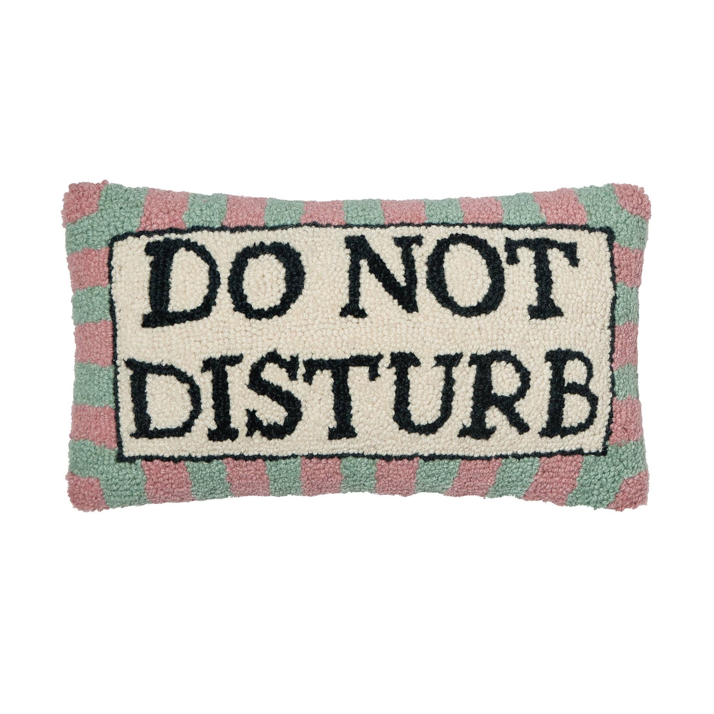 “Do not disturb” accent pillow with pink and green checkered border