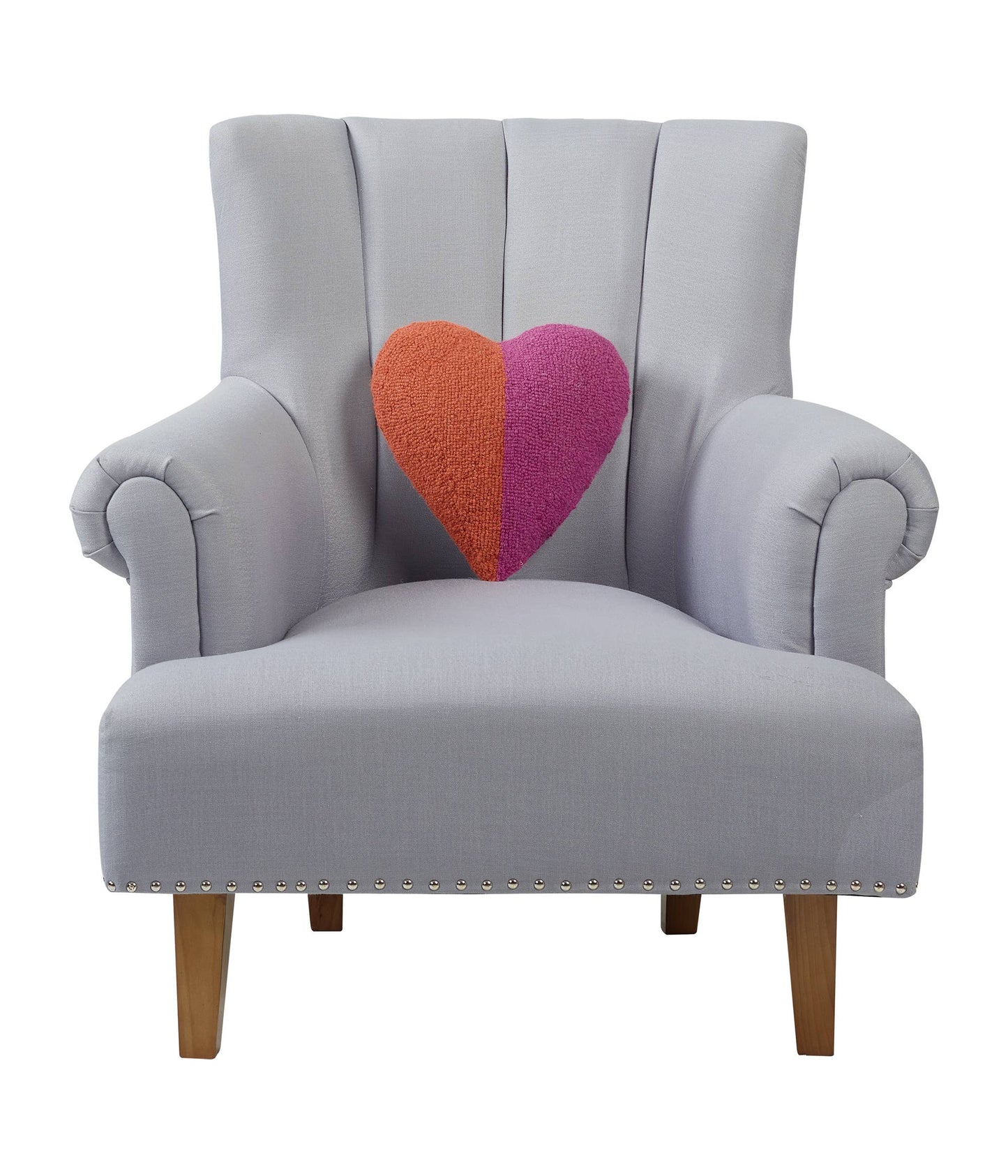 Heart shaped pillow with split color effect of bright orange and pink