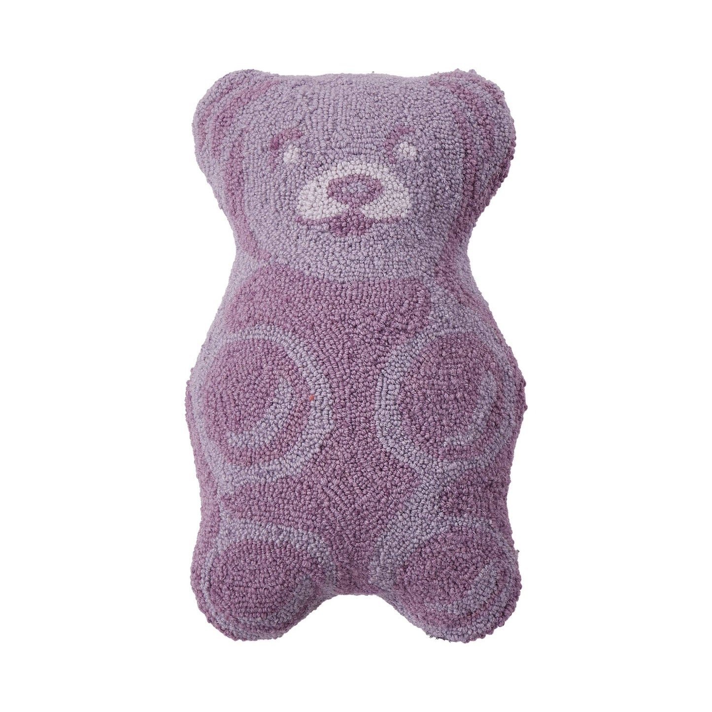 Adorable wool hooked gummy bear shaped pillow dipped in purple flair