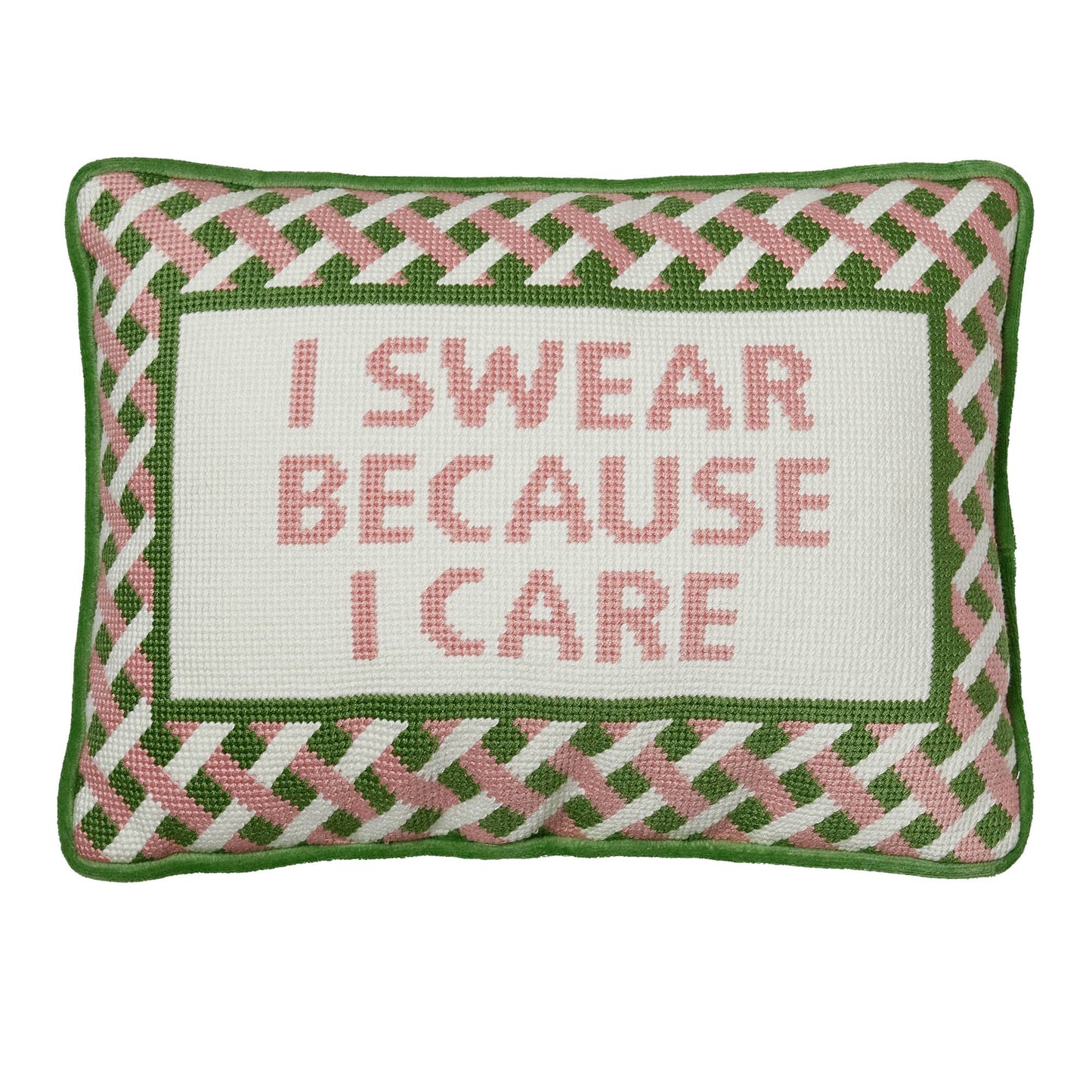 Novelty “I Swear Because I Care” accent pillow with pink and green matrix ribbon border