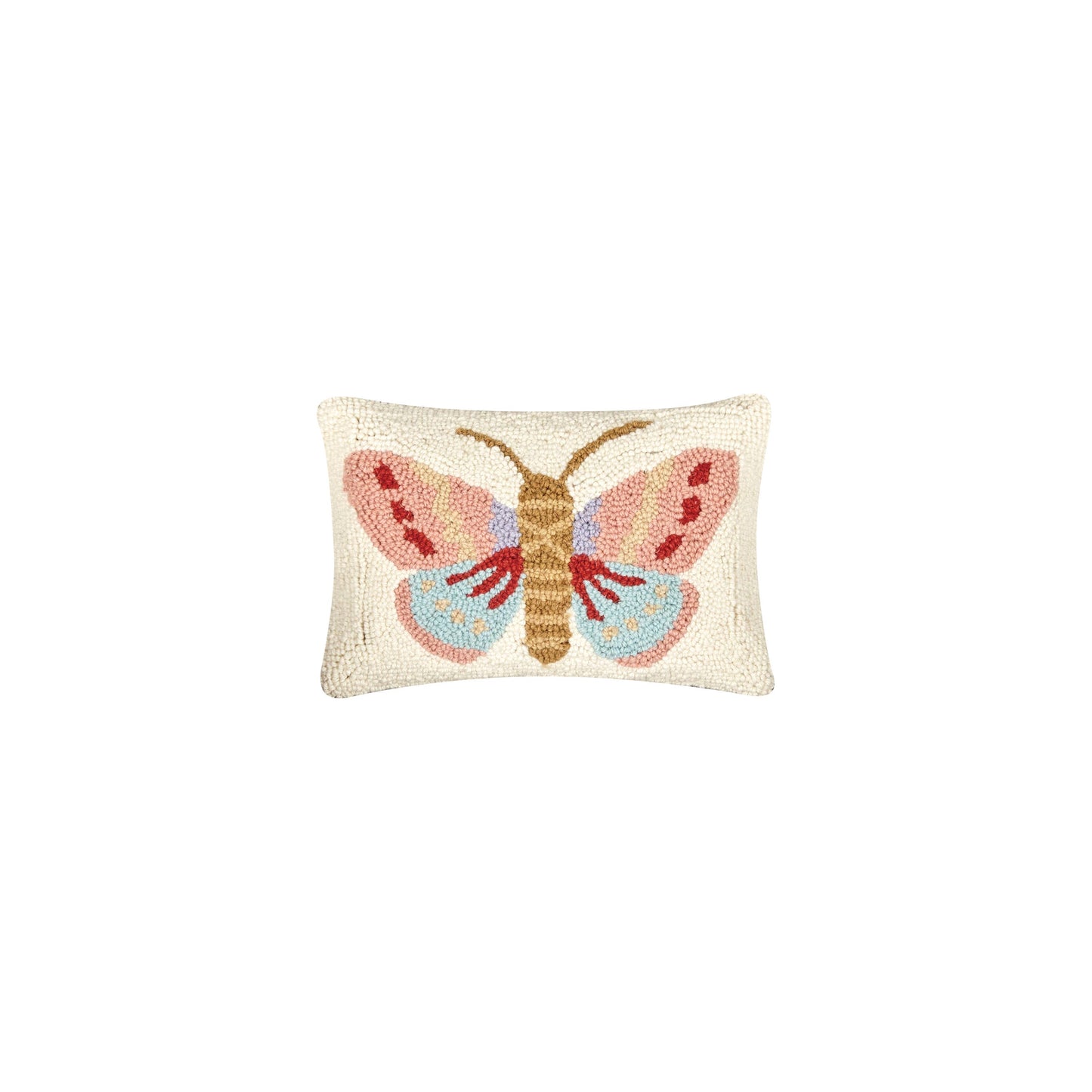 Cream wall hooked pillow with multi-colored pastel butterfly design