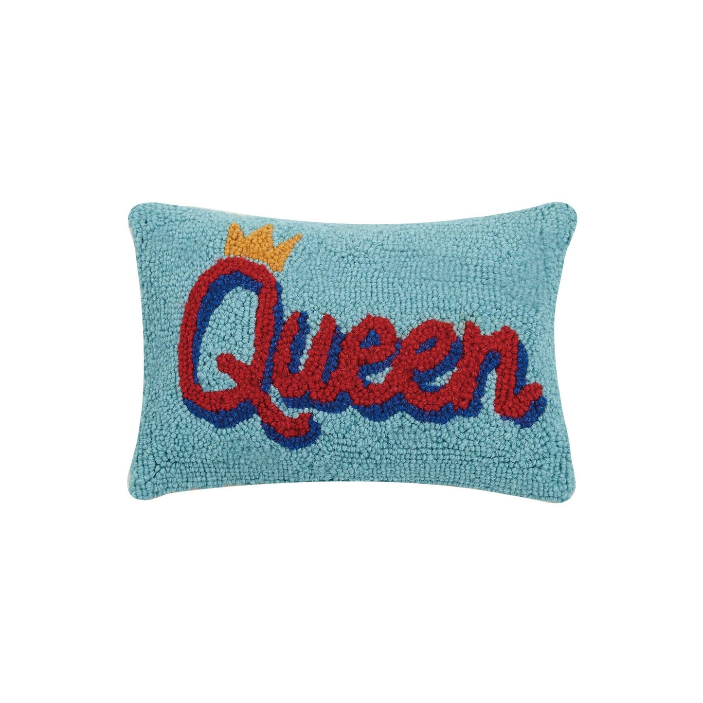 Blue wool hooked pillow with “Queen“ displayed in red letters with golden crown