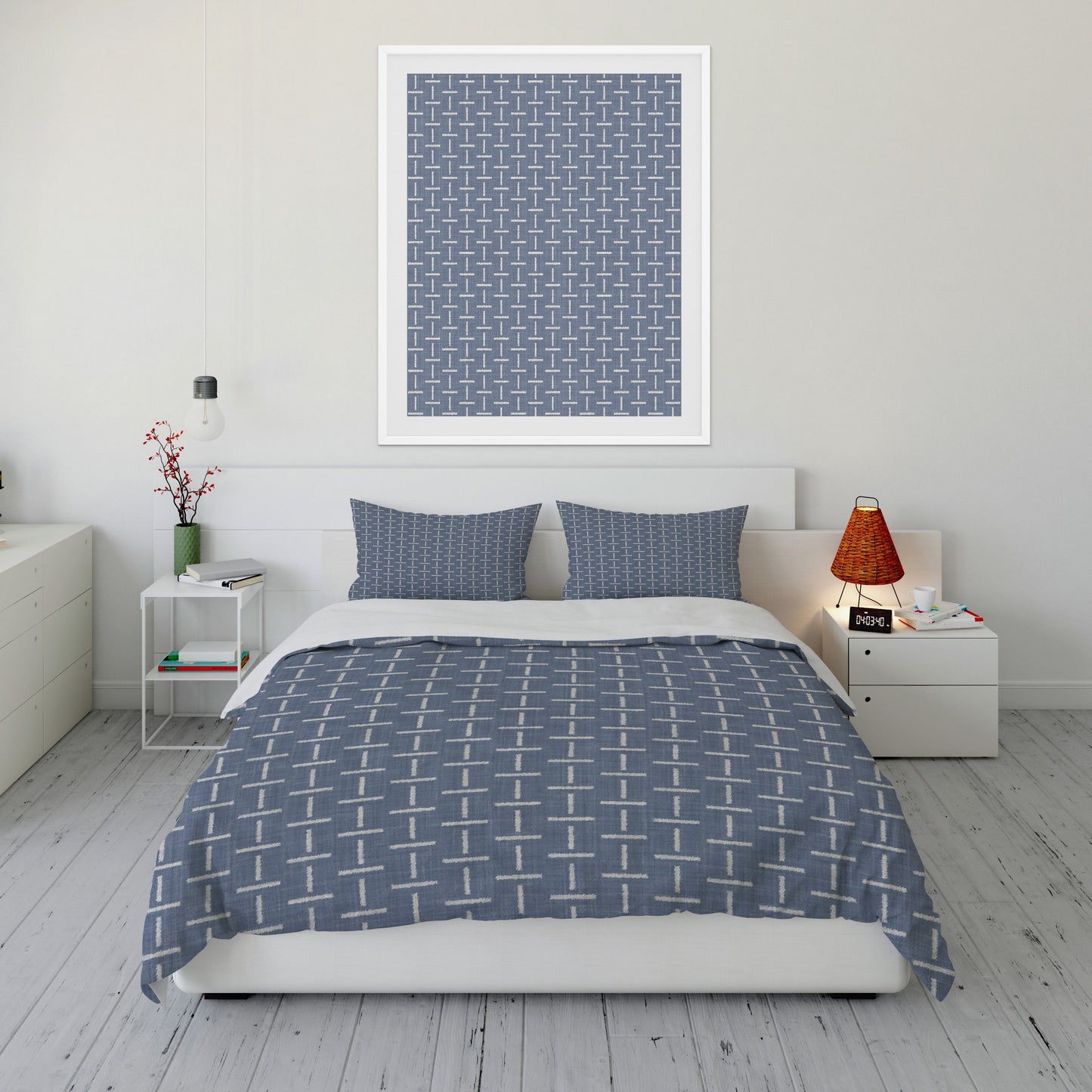 Clean bedroom featuring printed chambray comforter set with gray alternating line pattern.