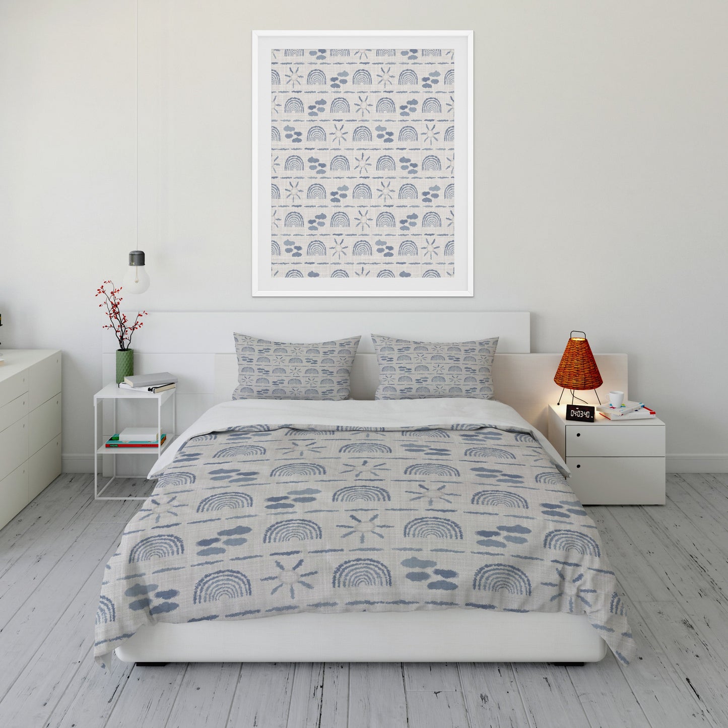 Coastal style bedroom featuring duvet set with neutral rainbow and sky theme and matching wall art.