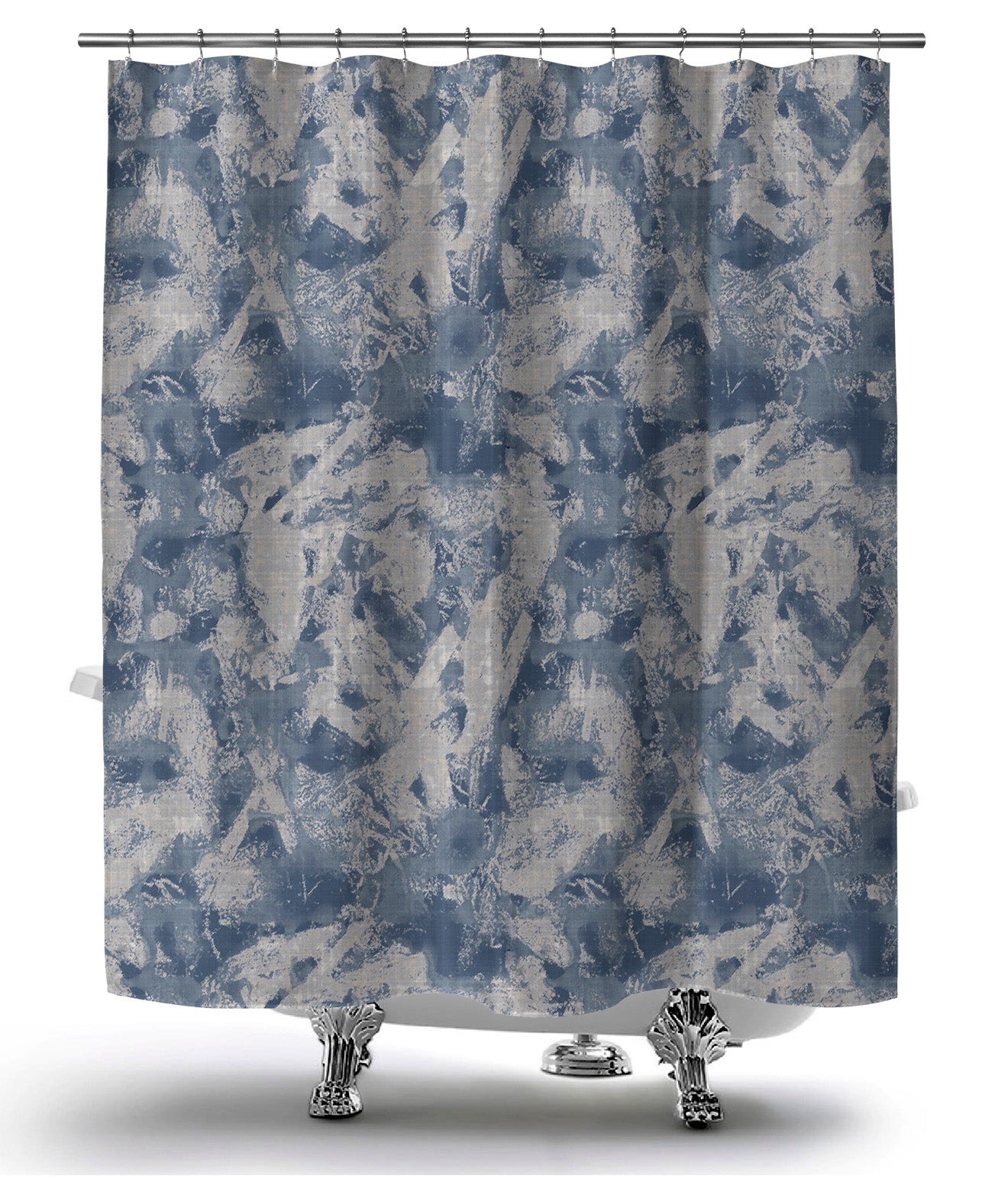 Blue hanging shower curtain featuring serene blue and white design.