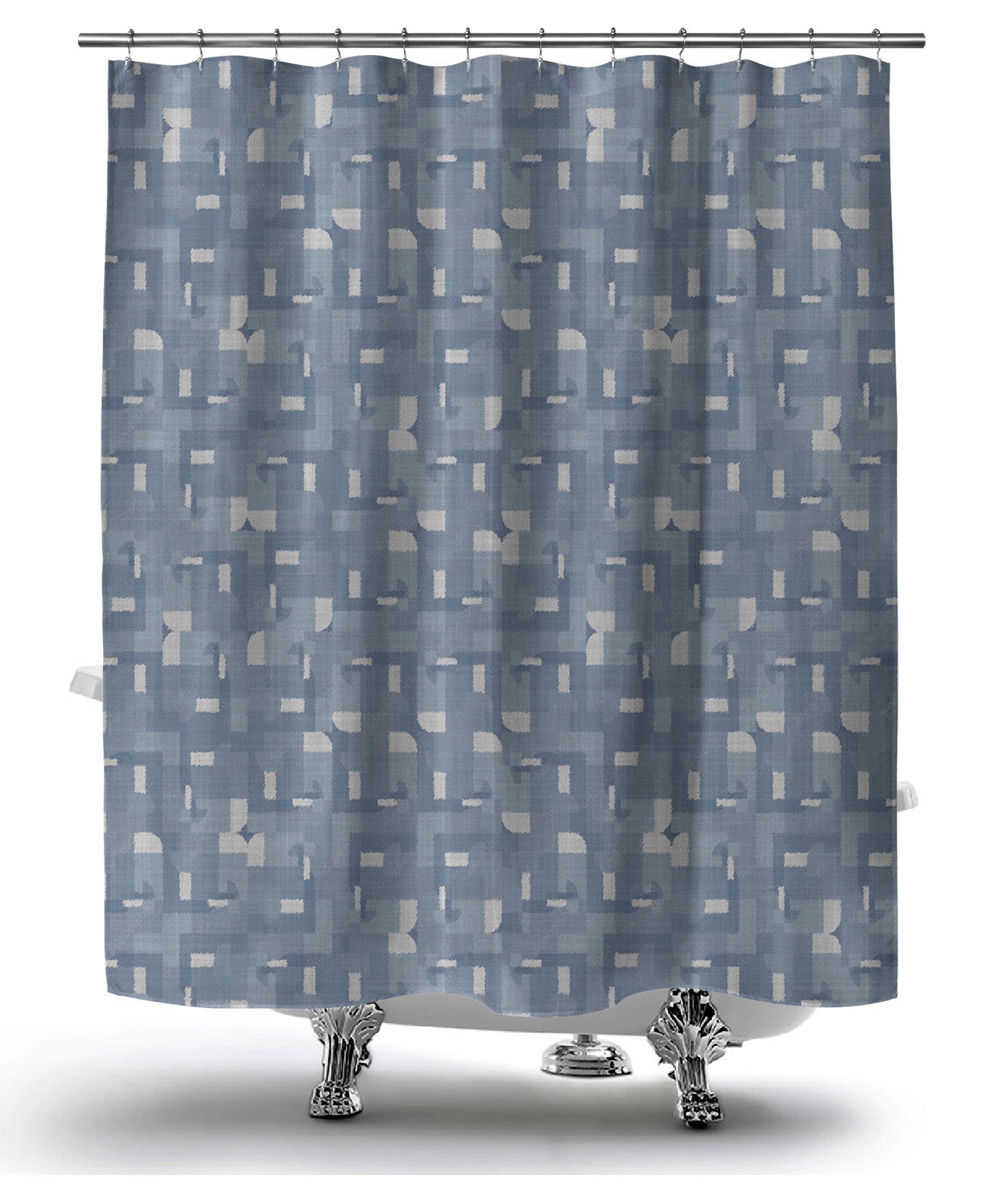 Refreshing hanging shower curtain featuring repeating blue and white geometric design.