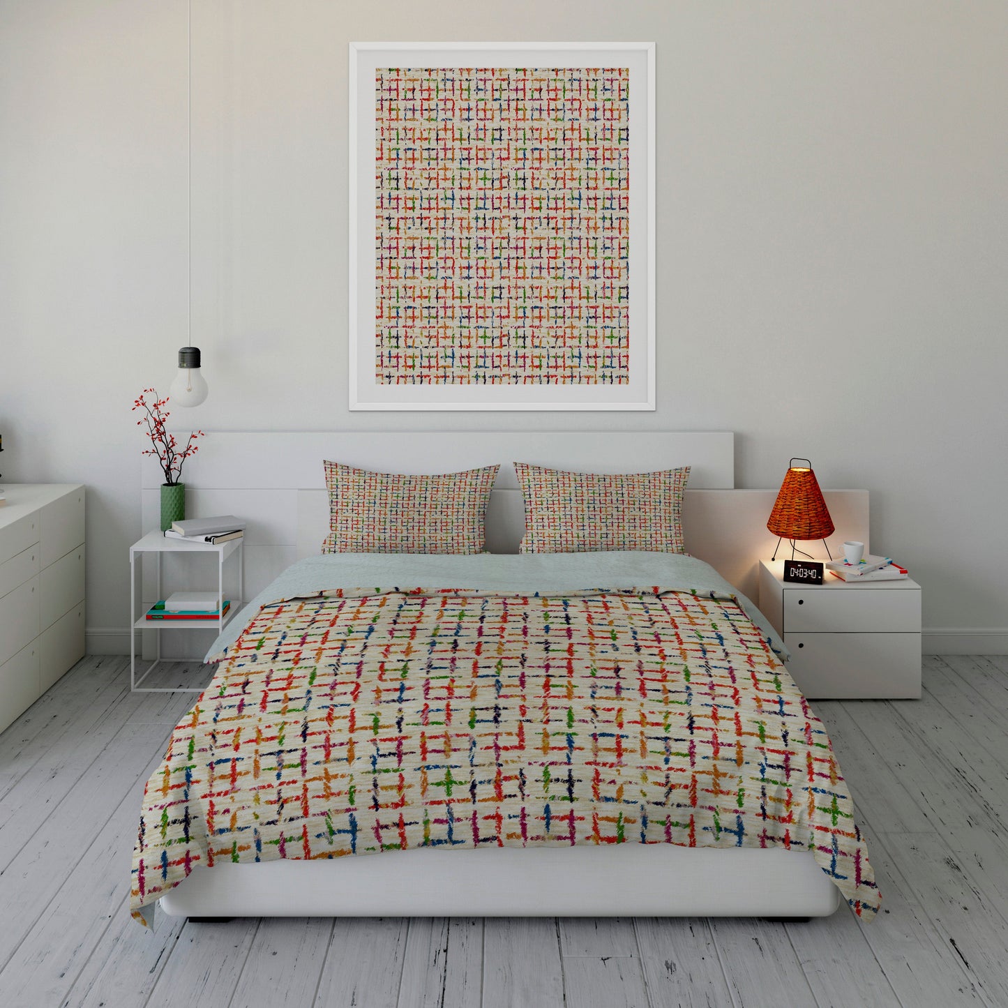 Organized bedroom displaying Sherpa Comforter Set with colorful grid design throughout.