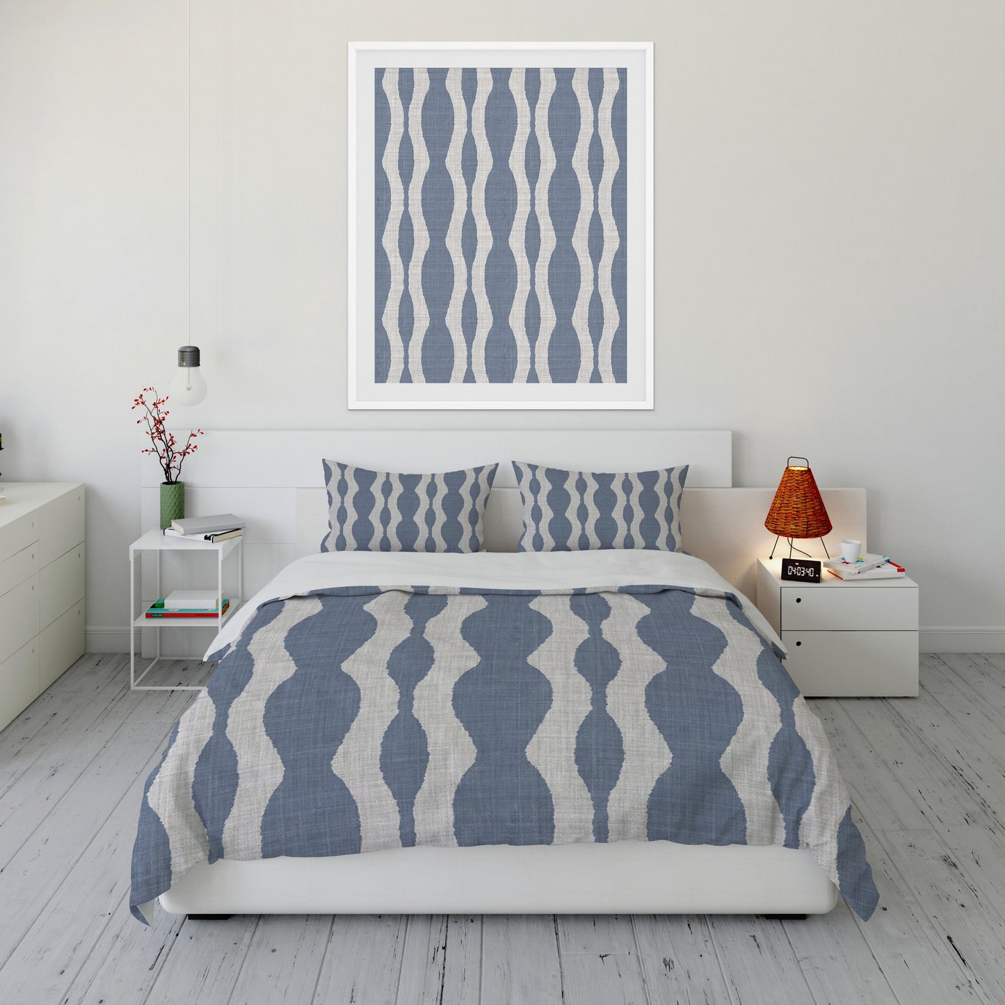 Fresh bedroom featuring charming chambray colored Comforter Set with flowing gray wave patterns throughout.