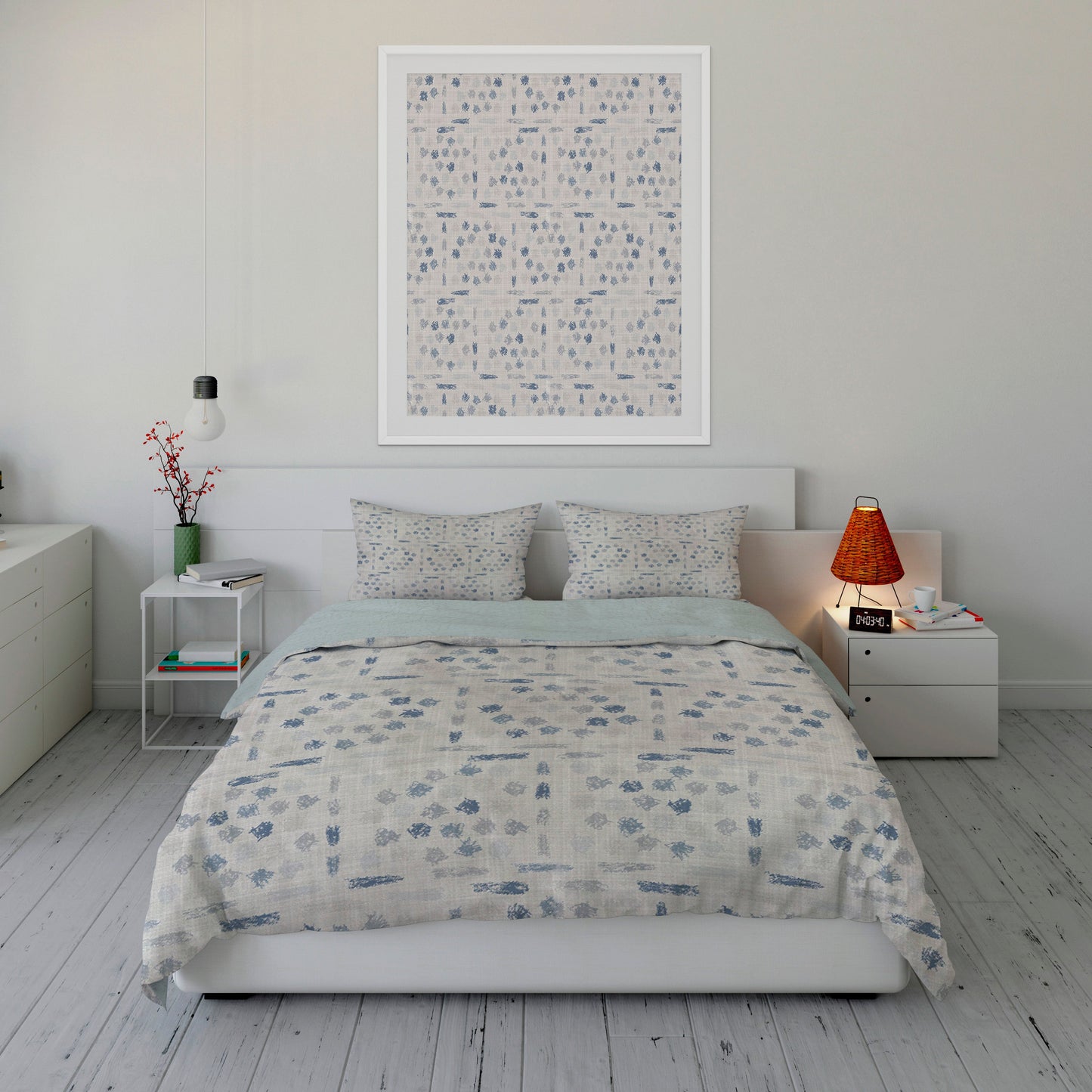 Relaxed bedroom displaying printed Sherpa Comforter Set with staggered starry design and matching wall art.