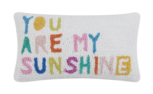 Sweet accent pillow for baby’s or kid’s room with adoring message “you are my sunshine” in rainbow letters