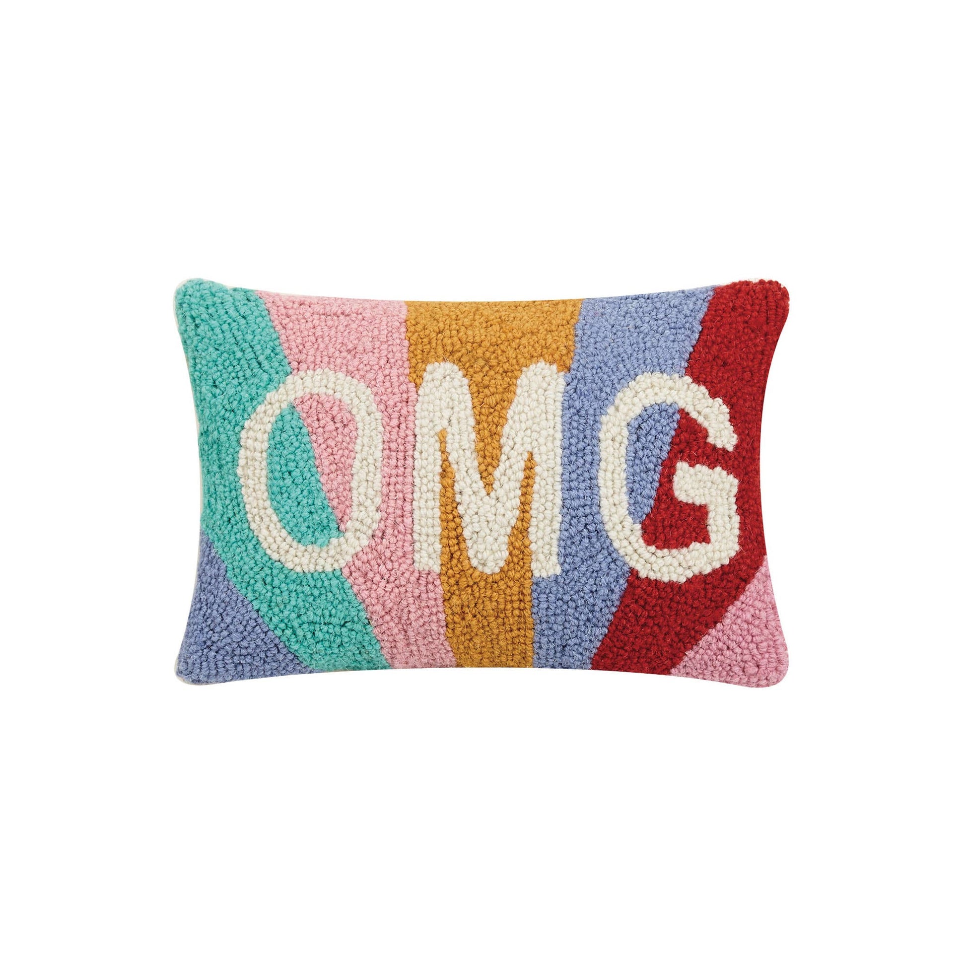 Charming multi-colored throw pillow with Fun rainbow colors behind trendy “OMg” phrase in white 