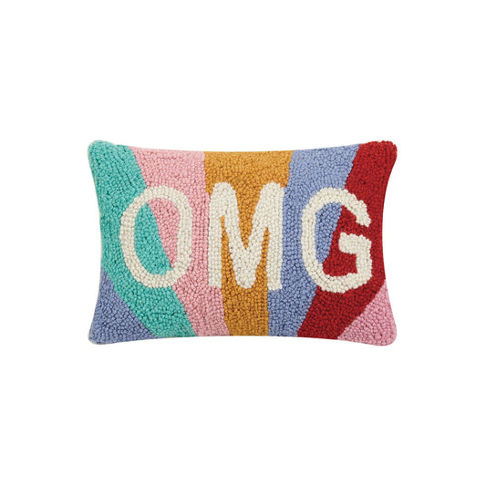 Charming multi-colored throw pillow with Fun rainbow colors behind trendy “OMg” phrase in white 
