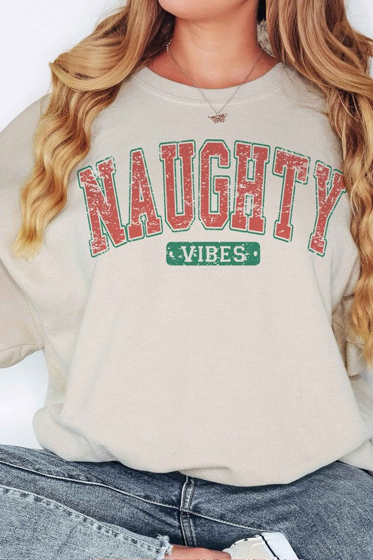 Long sleeve Christmas “Naughty Vibes”sweatshirt with faded varsity text