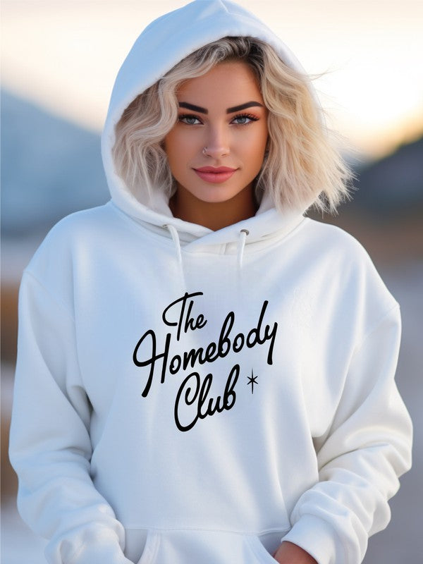 Plus Size “The Homebody Club” on white fabric with black font and graphic star