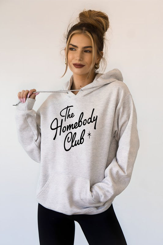 The Homebody Club hoodie in heather gray with black font and graphic star