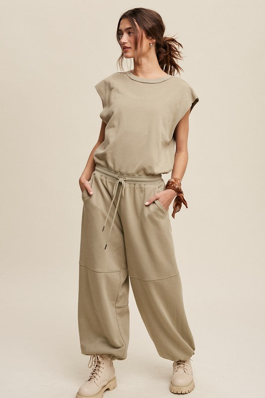 Chic loungewear with jogger style pants combined in one stylish piece.