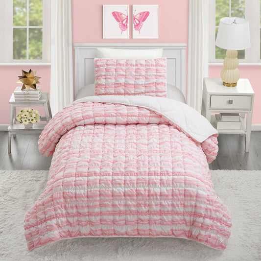 Perfectly cushiony cloud like quilt with puffed channel stitching featuring pink and white free form stripes