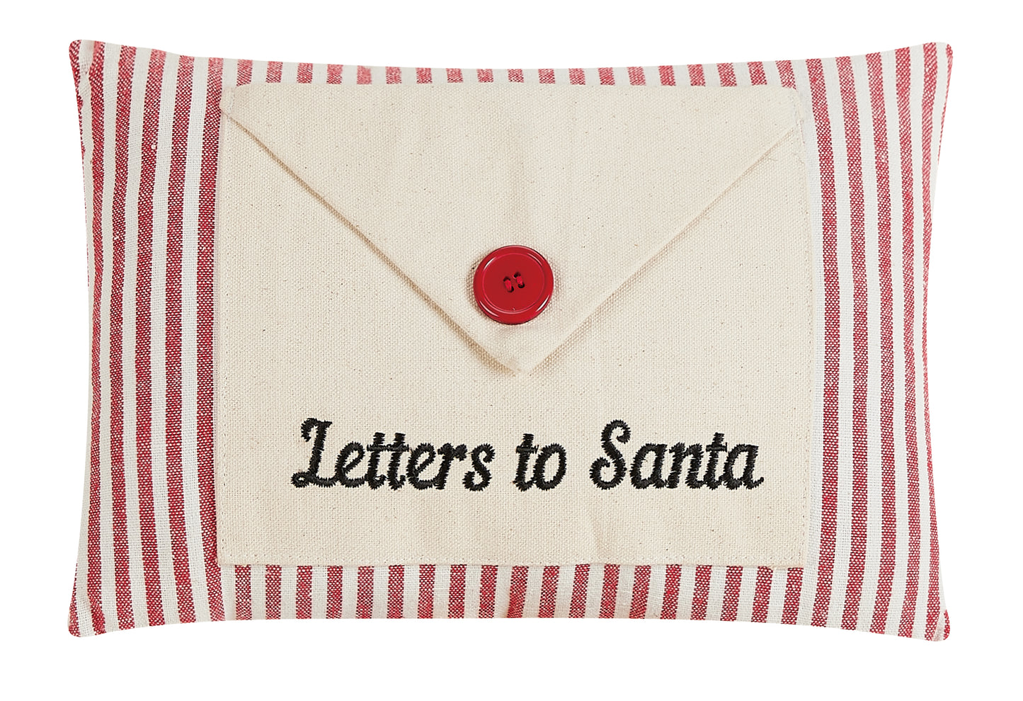 Red and white striped wool pillow featuring envelope center enclosed with red button and embroidered inscription that reads “Letters to Santa.”