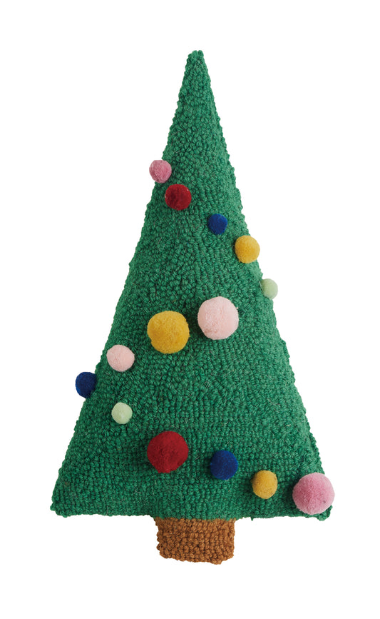 Adorable wool hooked Christmas tree shaped pillow with multicolor 3D pom poms as ornaments 