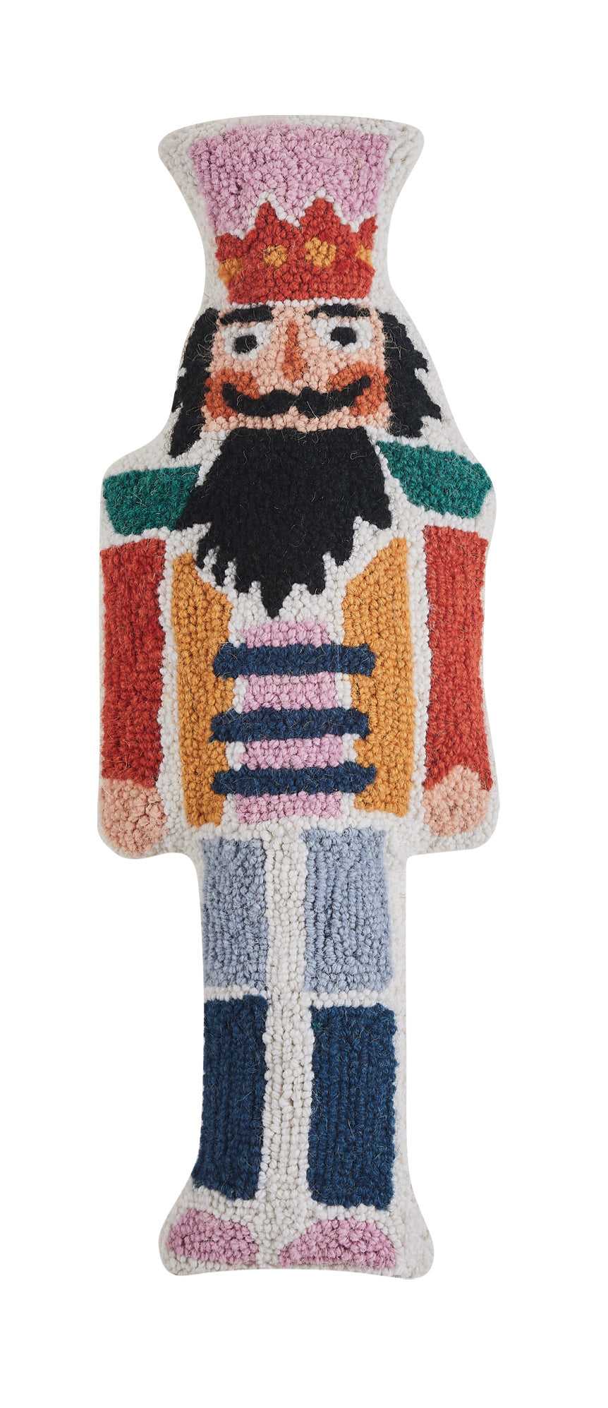 Multicolored wool hooked pillow shaped like the Nutcracker