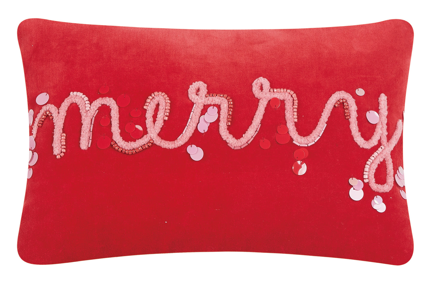 Bright red holiday pillow scattered sequins and “merry” embroidered in pink cursive letters.