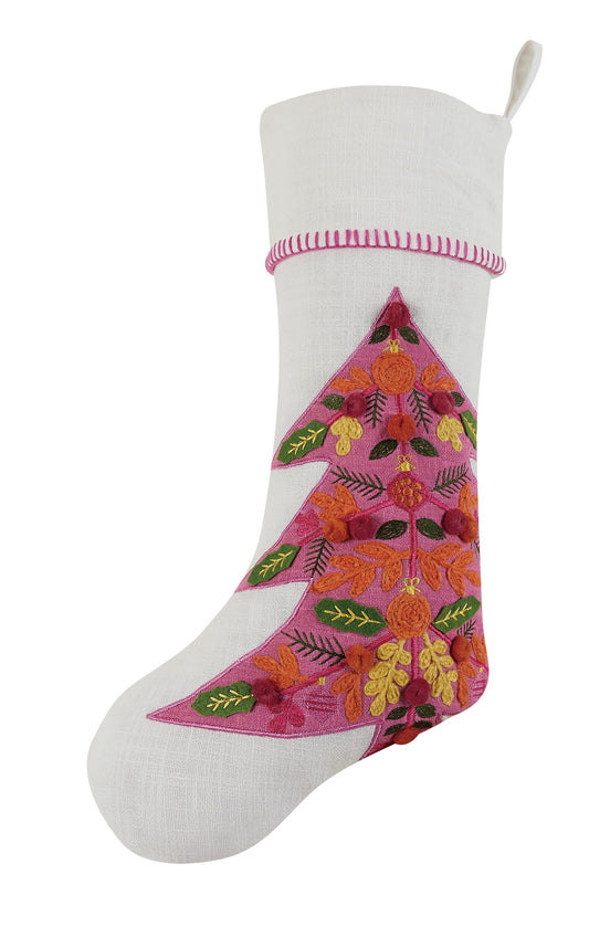 White Christmas stocking white pink boho tree with multicolored embroidered leaves