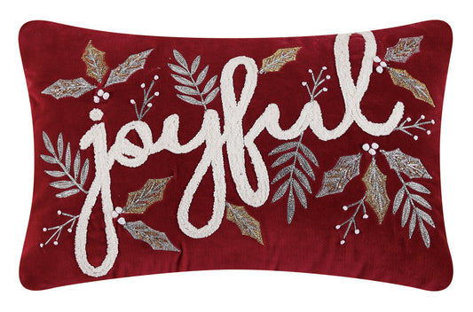 Scarlet poly pillow with gold and silver embroidered foliage design and joyful inscription