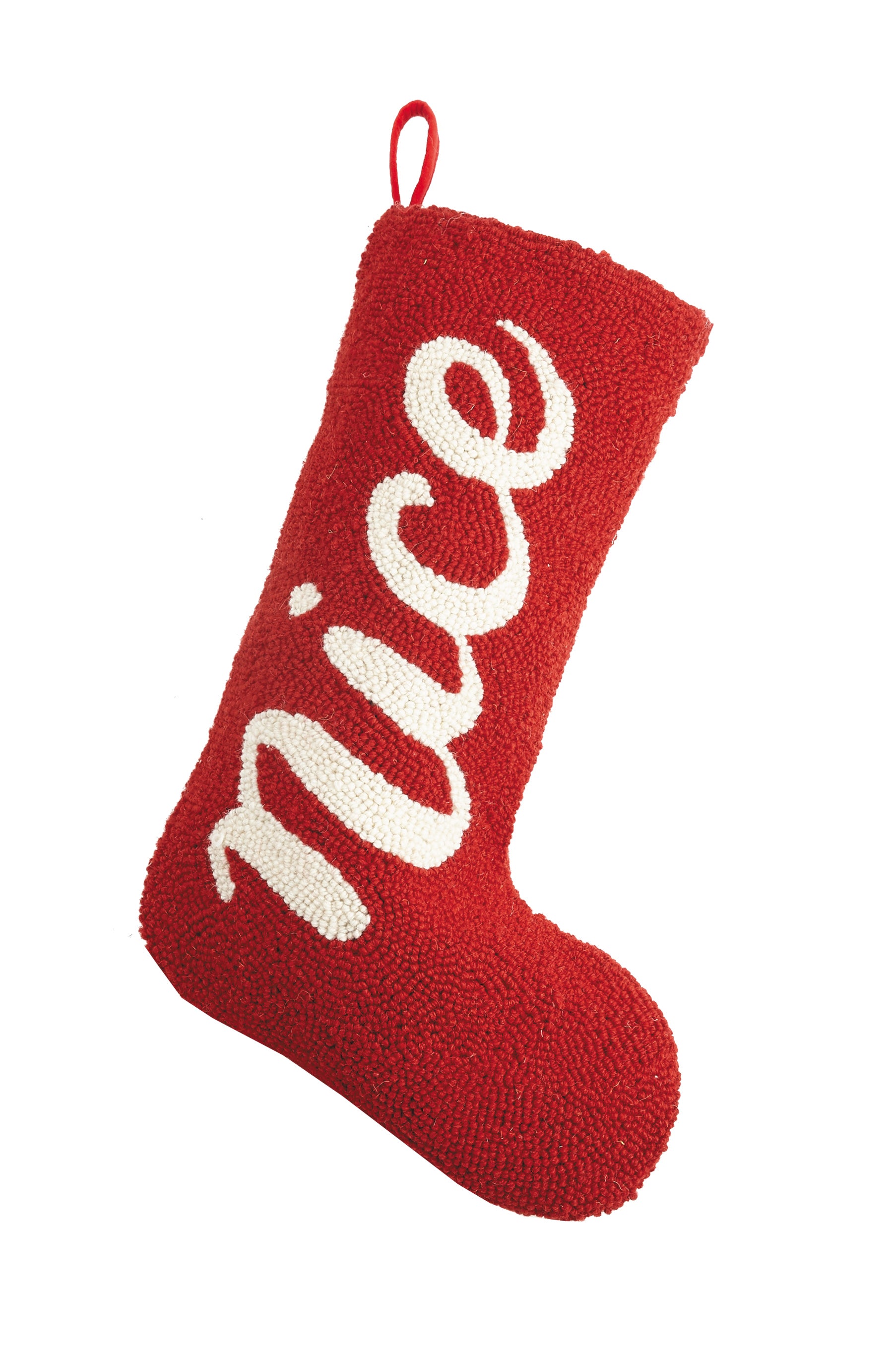 Bright red novelty Christmas stocking with white “Nice” inscription