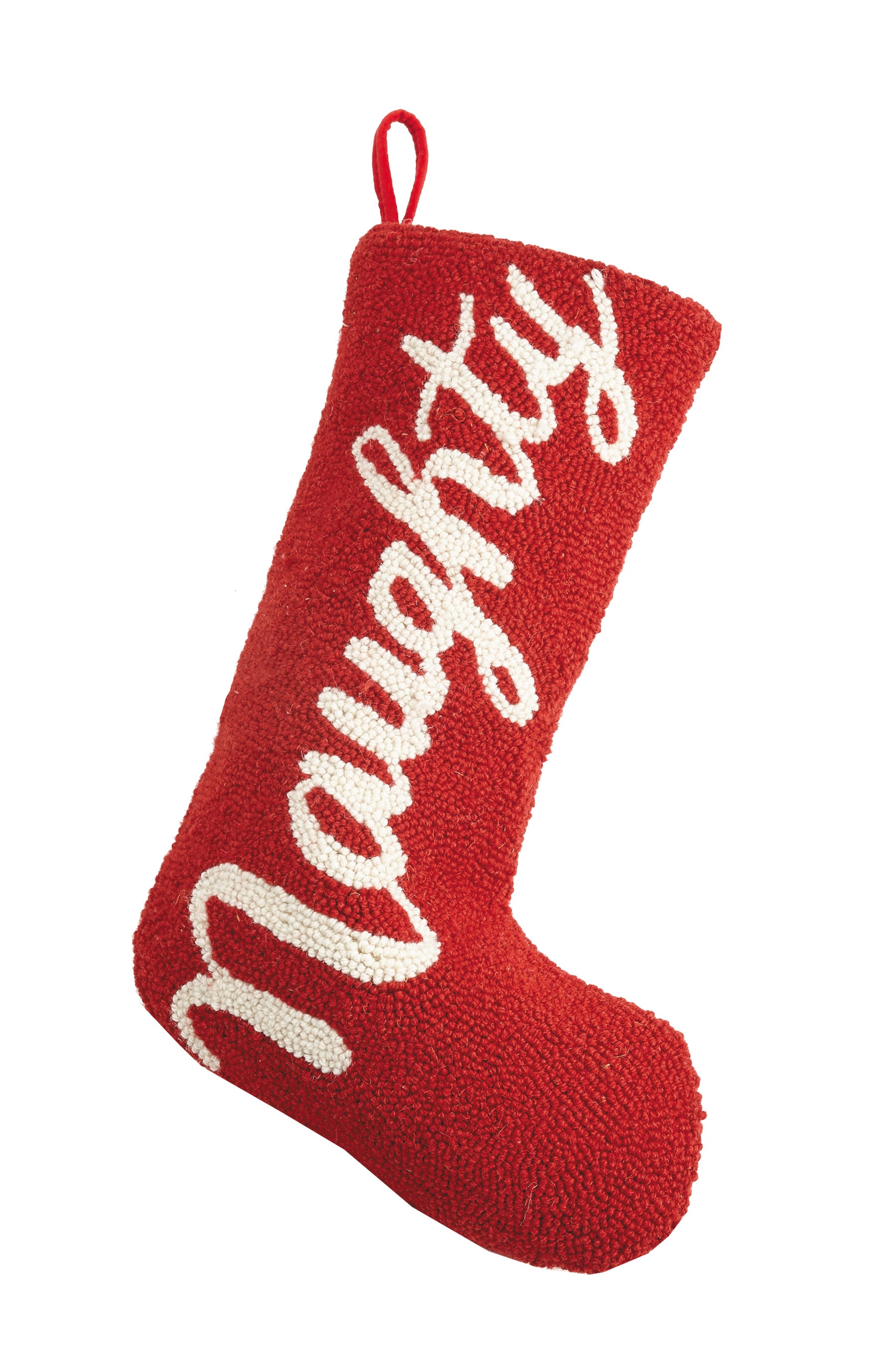 Bright red novelty Christmas stocking with white “Naughty” inscription in cursive.