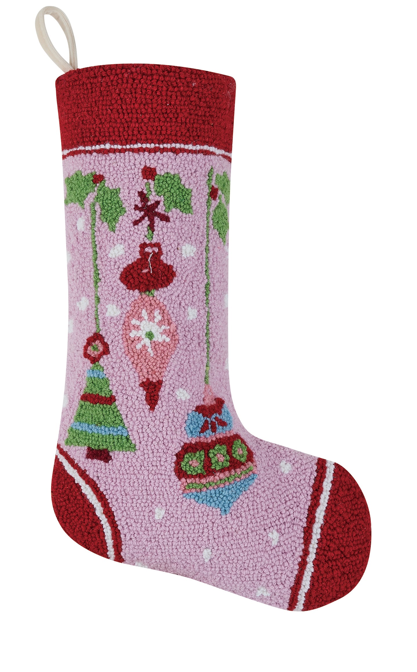 Pink and red Christmas themed stocking with ornamental design