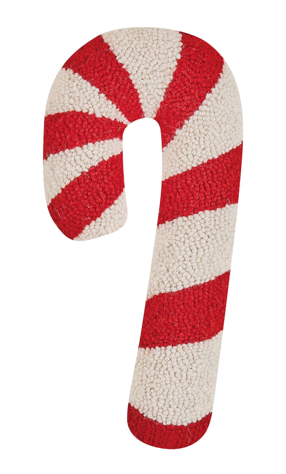 Red and white wool hooked candy cane shaped pillow