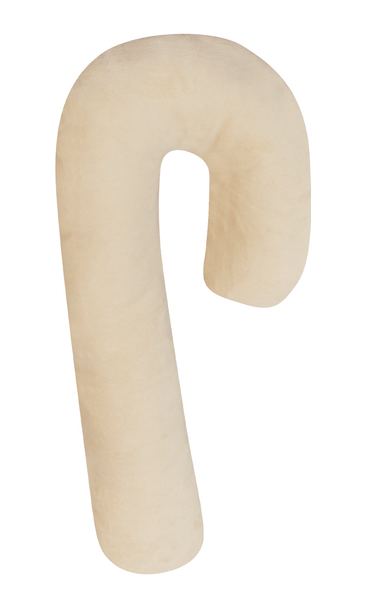 Beige poly-velvet back of candy cane shaped pillow